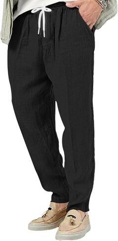 Mens Casual Linen Pants Lightweight Elastic Waist Drawstring Trousers Summer Beach Yoga Pants in Saudi Arabia