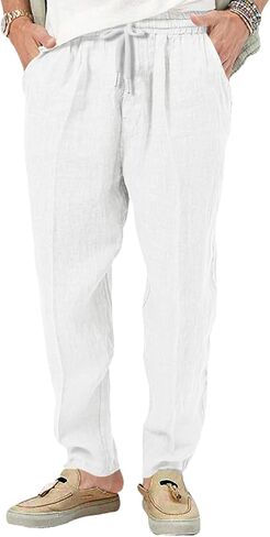 Mens Casual Linen Pants Lightweight Elastic Waist Drawstring Trousers Summer Beach Yoga Pants in Saudi Arabia