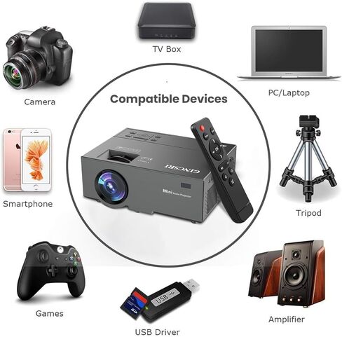 2023 جهاز عرض GINCSRI صغير لأجهزة عرض الفيديو iphone HD 1080P 9800 لومن 200 بوصة جهاز عرض فيلم منزلي صغير محمول جهاز عرض تلفزيون محمول محمول جهاز عرض خارجي مع مكبرات صوت حامل ثلاثي القوائم HDMI USB in Kuwait