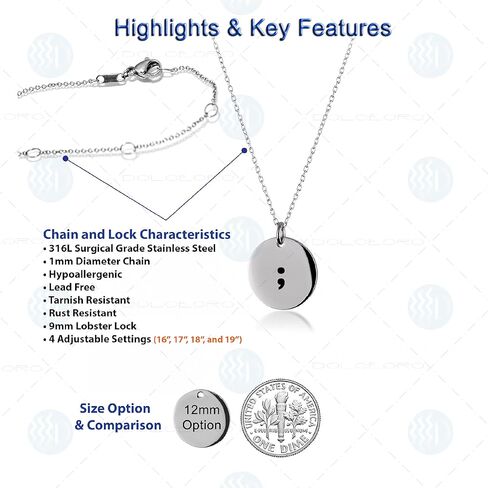 Semicolon Awareness Necklace, Pause Pendant Necklace Jewelry for Anxiety and Mental Health Awareness, 316L Surgical Stainless Steel in Kuwait
