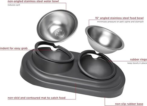 مجموعة أوعية تغذية الحيوانات الأليفة من أوبي، وعاء مرتفع ووعاء مسطح من الفولاذ المقاوم للصدأ مع حصيرة غير قابلة للانزلاق، أوعية تغذية الحيوانات الأليفة للكلاب والقطط، تصميم مريح، رمادي داكن in Kuwait