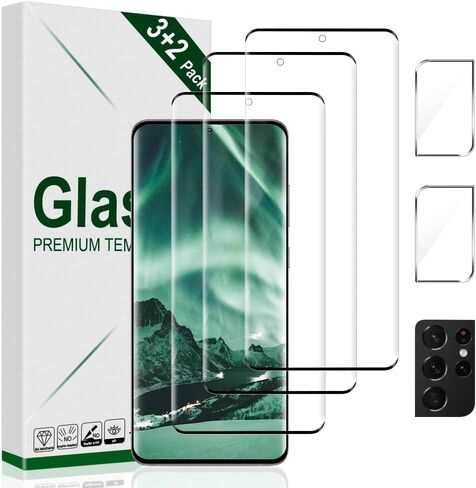 [3+2 حزمة] واقي شاشة Galaxy S21 Ultra + واقي عدسة الكاميرا، تغطية كاملة الوضوح، زجاج مقسى 9H، دعم بصمات الأصابع بالموجات فوق الصوتية، مضاد للفقاعات، منحني ثلاثي الأبعاد عالي الدقة لهاتف Samsung S21 Ultra (6.8 بوصة) in Kuwait