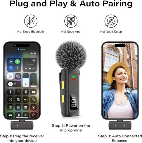 ميكروفون Bunog اللاسلكي لهاتف Android وسلسلة iPhone 15 وميكروفون USB C مع عرض مستوى البطارية وإلغاء الضوضاء وميكروفون على شكل طية صدر لتسجيل الفيديو in Kuwait