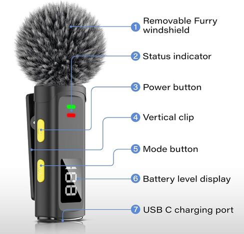 ميكروفون Bunog اللاسلكي لهاتف Android وسلسلة iPhone 15 وميكروفون USB C مع عرض مستوى البطارية وإلغاء الضوضاء وميكروفون على شكل طية صدر لتسجيل الفيديو in Kuwait