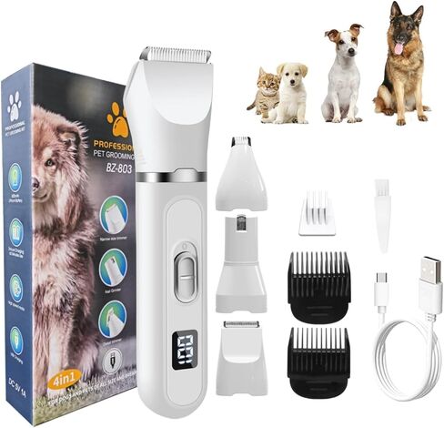 Dog Clippers Grooming Kit with 4 Cutter Heads, Hair Clipper- Super Quiet Paw Trimmer- Rechargeable - Cordless Waterproof Nail Grinder Shaver for Dog and Cats (White) in Kuwait