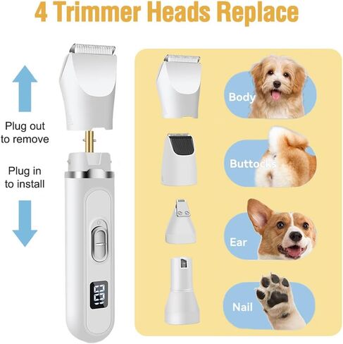Dog Clippers Grooming Kit with 4 Cutter Heads, Hair Clipper- Super Quiet Paw Trimmer- Rechargeable - Cordless Waterproof Nail Grinder Shaver for Dog and Cats (White) in Kuwait