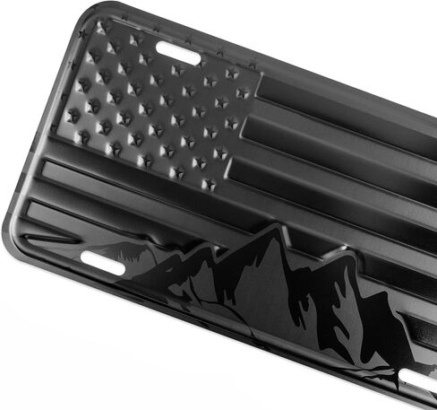 American Flag with Mountains License Plate. Embossed 3D Aluminum (Black on Matt Black) in Kuwait