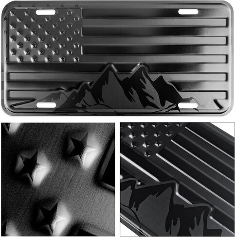 American Flag with Mountains License Plate. Embossed 3D Aluminum (Black on Matt Black) in Kuwait
