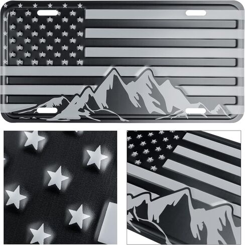 American Flag with Mountains License Plate. Embossed 3D Aluminum (Black on Matt Black) in Kuwait