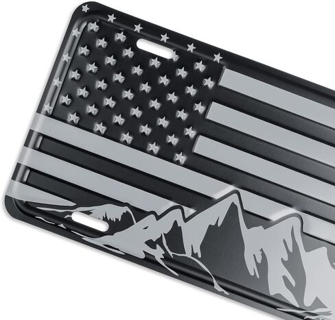 American Flag with Mountains License Plate. Embossed 3D Aluminum (Black on Matt Black) in Kuwait