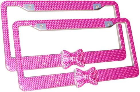 OTOSTAR 2 Pack Pure Handmade 1000pcs 8 Facets Selected Waterproof Bling Bling Rhinestones Stainless Steel License Plate Frame with Matching Screws Caps (hot Pink/hot Pink Bowtie) in Saudi Arabia