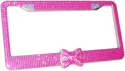 OTOSTAR 2 Pack Pure Handmade 1000pcs 8 Facets Selected Waterproof Bling Bling Rhinestones Stainless Steel License Plate Frame with Matching Screws Caps (hot Pink/hot Pink Bowtie) in Saudi Arabia