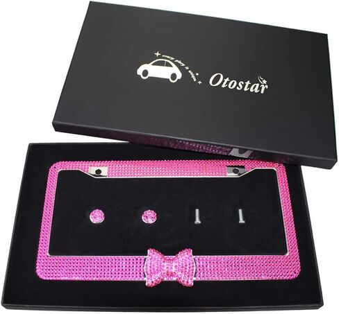 OTOSTAR 2 Pack Pure Handmade 1000pcs 8 Facets Selected Waterproof Bling Bling Rhinestones Stainless Steel License Plate Frame with Matching Screws Caps (hot Pink/hot Pink Bowtie) in Saudi Arabia