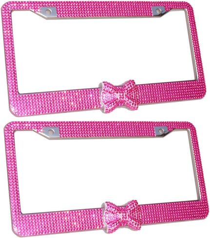 OTOSTAR 2 Pack Pure Handmade 1000pcs 8 Facets Selected Waterproof Bling Bling Rhinestones Stainless Steel License Plate Frame with Matching Screws Caps (hot Pink/hot Pink Bowtie) in Saudi Arabia