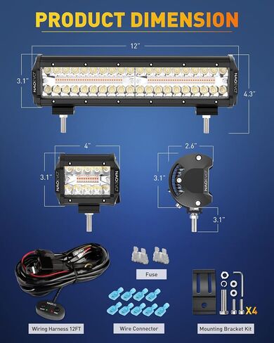 NAOEVO 12Inch 420W LED Light Bar 2PCS 4Inch 120W Light Pods Amber White Strobe Fog Off Road Light 6 Modes with Wiring Harness Kit-3 Lead for Truck Jeep Tractor in Saudi Arabia