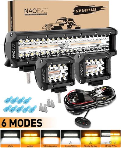 NAOEVO 12Inch 420W LED Light Bar 2PCS 4Inch 120W Light Pods Amber White Strobe Fog Off Road Light 6 Modes with Wiring Harness Kit-3 Lead for Truck Jeep Tractor in Saudi Arabia