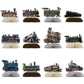 12 PCS Train Honeycomb Centerpieces for Table Decor, Retro Train Table Decorations Table Toppers for Train Party Decorations Train Birthday Party Supplies