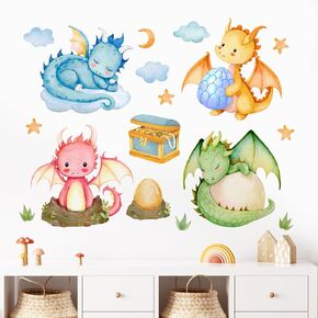 Mfault Baby Dragon Wall Decals Stickers, Watercolor Treasure Dragon Eggs Decoration Nursery Kids Bedroom Art, Moon Stars Cloud Toddler Girls Boys Playroom Living Room Home Decor