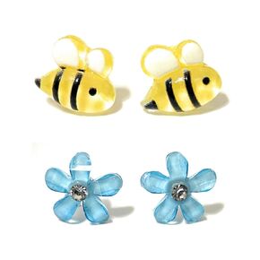 Hypoallergenic Bee Flower Stud Earrings on Plastic Posts, Metal Free (set of 2 Pairs) (blue)
