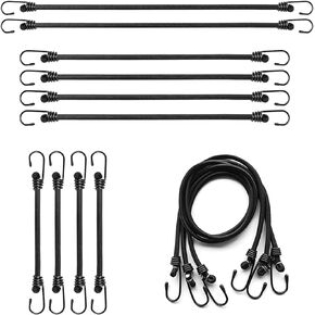 Adjustable Black Bungee Cords, Set of 10, with Hooks for Bikes, Camping, Tools, Tarps and Cargo