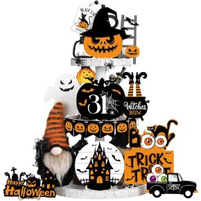 18 Pcs Halloween Decor Halloween Tiered Tray Decorations Set Happy Halloween Wooden Sign Cute Gnome Plush Pumpkin Boo Ghost Farmhouse Rustic Tiered Tray Decor for Home Table Indoor Decoration
