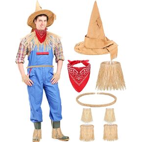 8 Pcs Halloween Costume Set Include Raffia Scarecrow Straw Kit Red Bandana Scarecrow Hat for Adult Women Harvest Party Accessory, One Size
