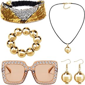 5 Pcs 1970s Disco Accessories Women Costume Jewelry Disco Set Disco Costume Accessories Disco Ball Earrings Necklace Bracelet Bling Headband and Sunglasses for Women