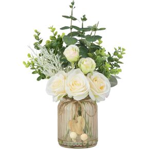 Fake Flowers with Vase, Silk Roses Artificial Eucalyptus in Glass Vase for Farmhouse Bathroom Kitchen Table Decor, Silk Flower Arrangements for Bedroom, Dining Room, Living Room Decor