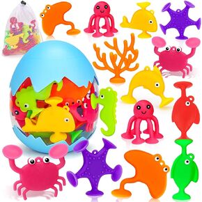 Toddler Suction Bath Toys: 18PCS Ocean Silicone Suction Cup Toys with Eggshell & Bag No Hole Mold Free Bathtub Shower Toys for Kids Ages 1-3 4-8 Sensory Fidget Window Building Toys Travel Toys Gifts