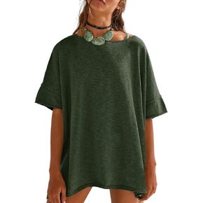 Tankaneo Women's Oversized T Shirts Casual Summer Crew Neck Loose Dropped Short Sleeve Side Slit Hem Blouse Tops