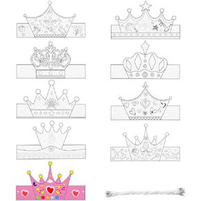 Teling 36 Pcs DIY Paper Crowns to Color Your Own Crowns Kit Coloring Birthday Crowns with Elastic Cord for Kids Adults, 9 Designs