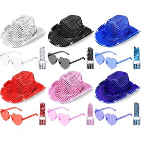 6 Set LED Holographic Space Cowgirl Hat, Neon Sparkly Cowboy Hat with Glasses and Glitter Set, Cow Girl Costume Accessories for Women Girls Kids Disco Rodeo Holiday Party Decoration, 6 Colors