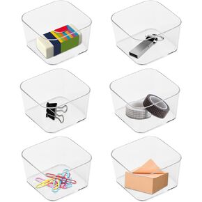 6 PCS PET Square Desk Organizer Tray, Clear Drawer Organizer Set for Home Office, Desk Drawers Dividers Makeup Vanity Storage Bins Kitchen Utensils