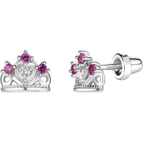 Girl's Sterling Silver Princess Tiara Earrings with Screw Backs and Sparkling CZ's