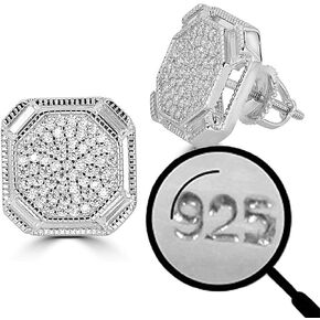 Solid 925 Sterling Silver Men's Baguette Micropave Earrings - Iced Large 1/2" Screw Back Earrings