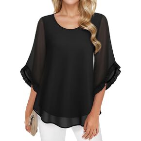 Womens 3/4 Ruffle Sleeve Tops Double Layer Chiffon Blouses Scoop Neck Flowy Tops Elegant Summer Shirt Tunic