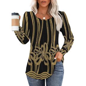 OFEEFAN Long Sleeve Shirts for Women Fall Tops Dressy Casual Blouses Pleated Scooped Neck Tunic Tops for Leggings