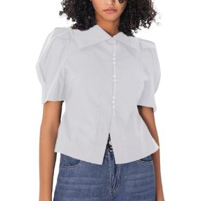 SDEER Women's High Lapel Neck Patchwork Button Down Shirt 2024, Puff Bubble Sleeve Slim Fit Vintage Shirt Tee Blouses