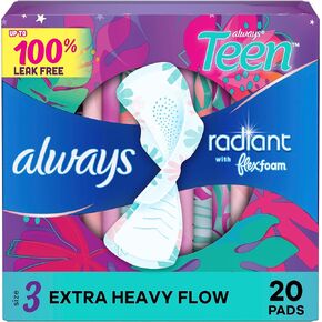 Always Radiant Teen Pads, Size 3, Extra Heavy, with Wings, Unscented, 20 CT
