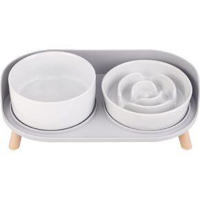 Elevated Slow Feeder Dog Bowls - Slow Down Dog Food Bowl with Dog Water Bowl Combo Pack - Raised Ceramic Dog Bowl Set with Anti-Slip Stand - Fun Maze Pet Feeding Dishes for Small and Medium Sized Dogs