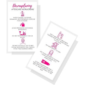Dermaplaning Aftercare Cards | 50 Pack | Size 2 x 3.5" inches Business Card Size | Microplaning Blading PMU | Aftercare Instructions White with Pink Icons Design