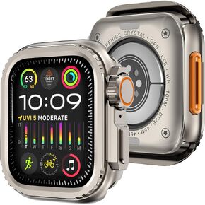 حافظة معدنية 3 في 1 من Wingle متوافقة مع واقي شاشة Apple Watch Series 9/8/7 مقاس 45 مم، واقي ممتص للصدمات قوي [يتحول إلى ترقية Ultra 2/1] مع تاج الساعة + غطاء خلفي للساعة، تيتانيوم