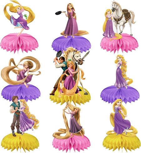 9 قطع من لوازم حفلات أعياد الميلاد القطونية، ديكورات طاولة مزدوجة جانبية ثلاثية الأبعاد على شكل قرص العسل، ديكورات حفلات عيد ميلاد رابونزل، تزيين كعك استحمام الطفل، هدايا الحفلات in Kuwait