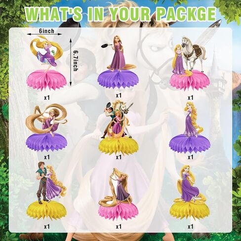 9 قطع من لوازم حفلات أعياد الميلاد القطونية، ديكورات طاولة مزدوجة جانبية ثلاثية الأبعاد على شكل قرص العسل، ديكورات حفلات عيد ميلاد رابونزل، تزيين كعك استحمام الطفل، هدايا الحفلات in Kuwait