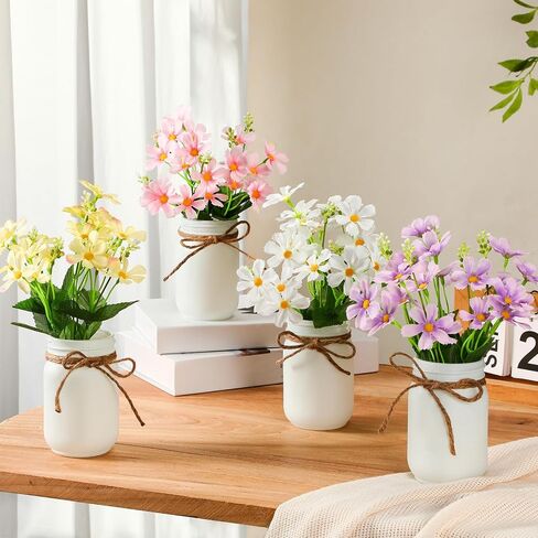 4 Pack Daisy Mason jar Table Centerpiece Faux Flowers with Vase Summer Table Decor Include 4 Silk Artificial Flowers 4 Mason Jar and Jute Rope for Summer Farmhouse Office Kitchen in Saudi Arabia