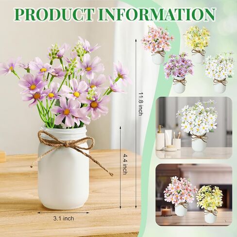 4 Pack Daisy Mason jar Table Centerpiece Faux Flowers with Vase Summer Table Decor Include 4 Silk Artificial Flowers 4 Mason Jar and Jute Rope for Summer Farmhouse Office Kitchen in Saudi Arabia