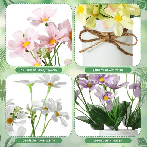 4 Pack Daisy Mason jar Table Centerpiece Faux Flowers with Vase Summer Table Decor Include 4 Silk Artificial Flowers 4 Mason Jar and Jute Rope for Summer Farmhouse Office Kitchen in Saudi Arabia