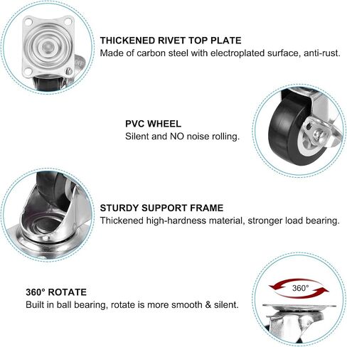 PATIKIL 2" Rigid Caster Wheels 2Pcs and Swivel Caster with Brake 2Pcs, Silent Plate Casters with M5 Screw Load Capacity 132Lbs for Furniture Workbench Cart Trolley, Black in Saudi Arabia