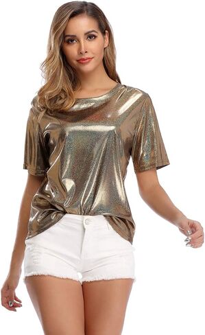 andy & natalie Women's Shiny Tops Holographic Metallic Shirt Shimmer Glitter Sparkle Party Disco Tee Shirt Blouse in Saudi Arabia