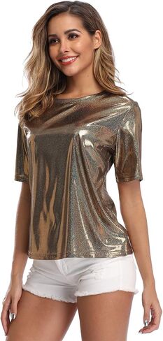 andy & natalie Women's Shiny Tops Holographic Metallic Shirt Shimmer Glitter Sparkle Party Disco Tee Shirt Blouse in Saudi Arabia